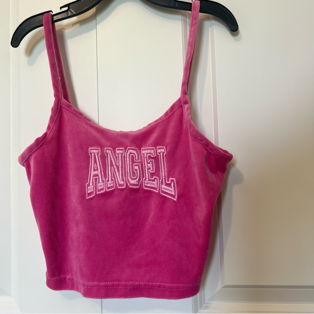 Vtg Y2K Barbie core Hot Pink Velour Velvet Crop Top w/ “Angel” embroidery Rue 21